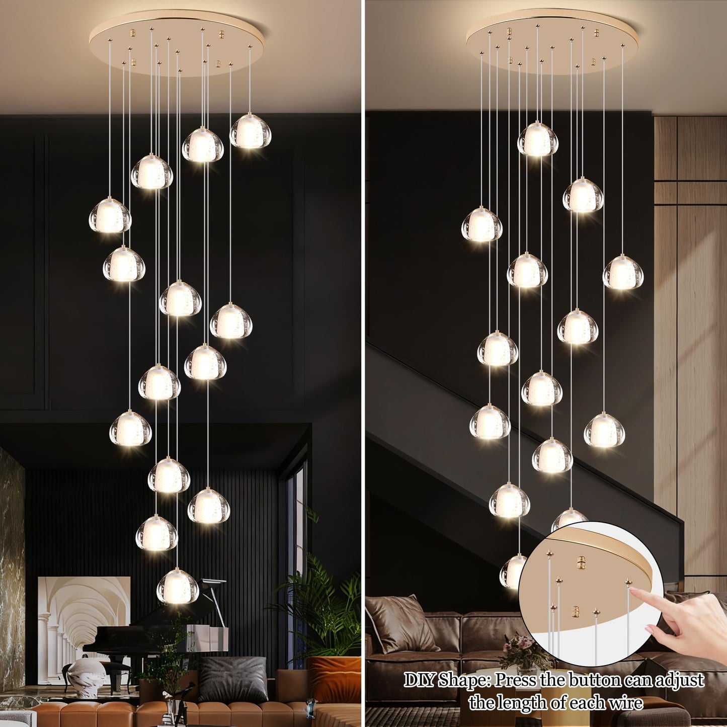YwueChwu Gold Crystal Chandeliers for Staircase 14-Lights, H120 Inches Modern Indoor High Ceilings LED Pendant Light Fixture for Living Room Foyer Entryway