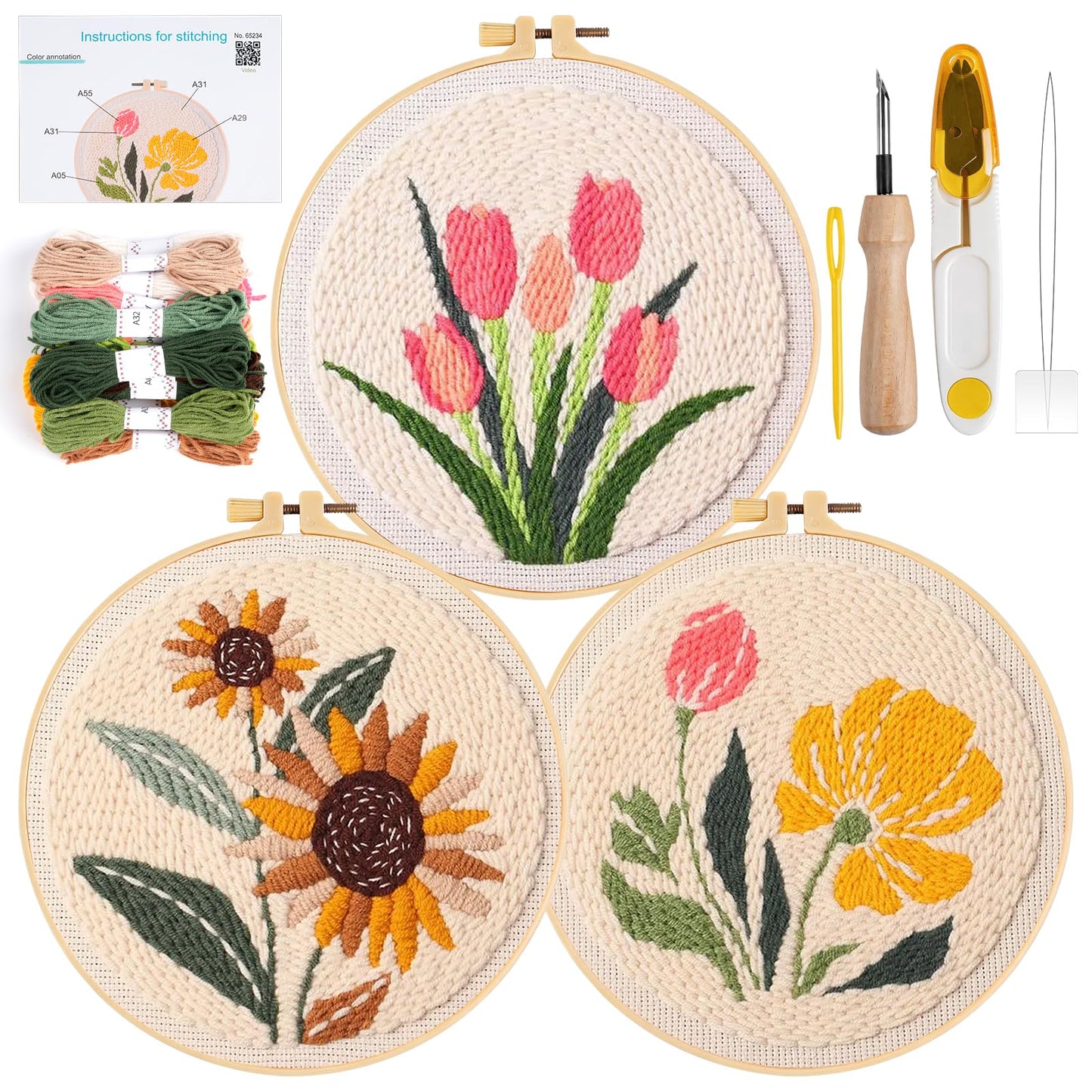Aemygo Punch Needle Kit Adults Beginners, 3 Pcs DIY Easy Flower Embroidery Set for Starter Art Craft, Needling Punching Project with Patterns, Tools, Yarns, Hoop, Instruction