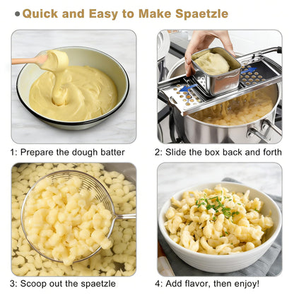 Spaetzle Maker, METLUCK Stainless Steel Spaetzle Press with Strainer Skimmer, Premium German Spaetzle Maker with Comfort Handle, Traditional Egg Noodle Dumpling Maker Tool for Home Cooking
