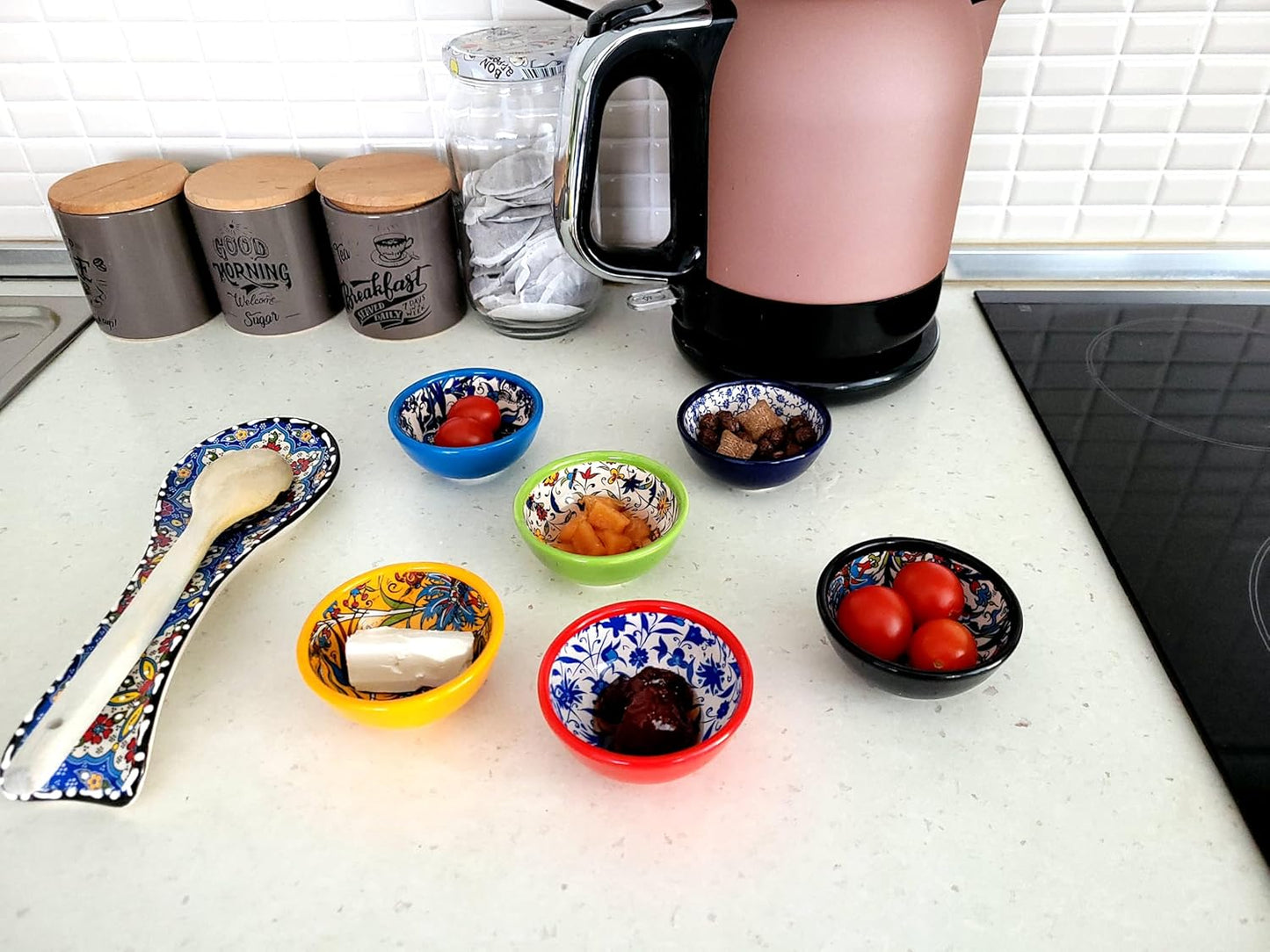 Decorative Turkish Ceramic Bowl Set of 6 - Handcrafted Multicolor Small Bowls (Multi 9)