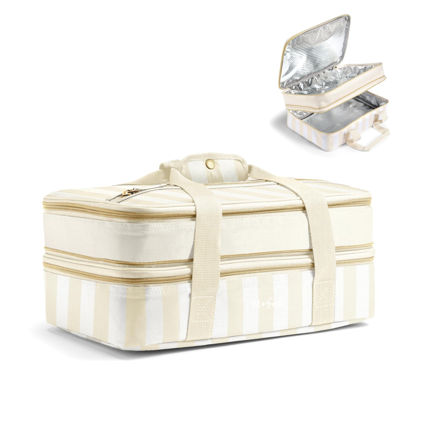Fit & Fresh Insulated Casserole Carrier - Double Decker Food Carrier Fits Two 9x13 Dishes, Expandable Hot & Cold Food Transport Bag with Zipper Pocket for Potluck, Easter & Travel, Taupe Stripe