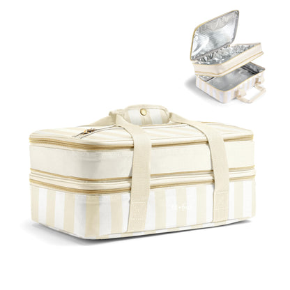 Fit & Fresh Insulated Casserole Carrier - Double Decker Food Carrier Fits Two 9x13 Dishes, Expandable Hot & Cold Food Transport Bag with Zipper Pocket for Potluck, Easter & Travel, Taupe Stripe