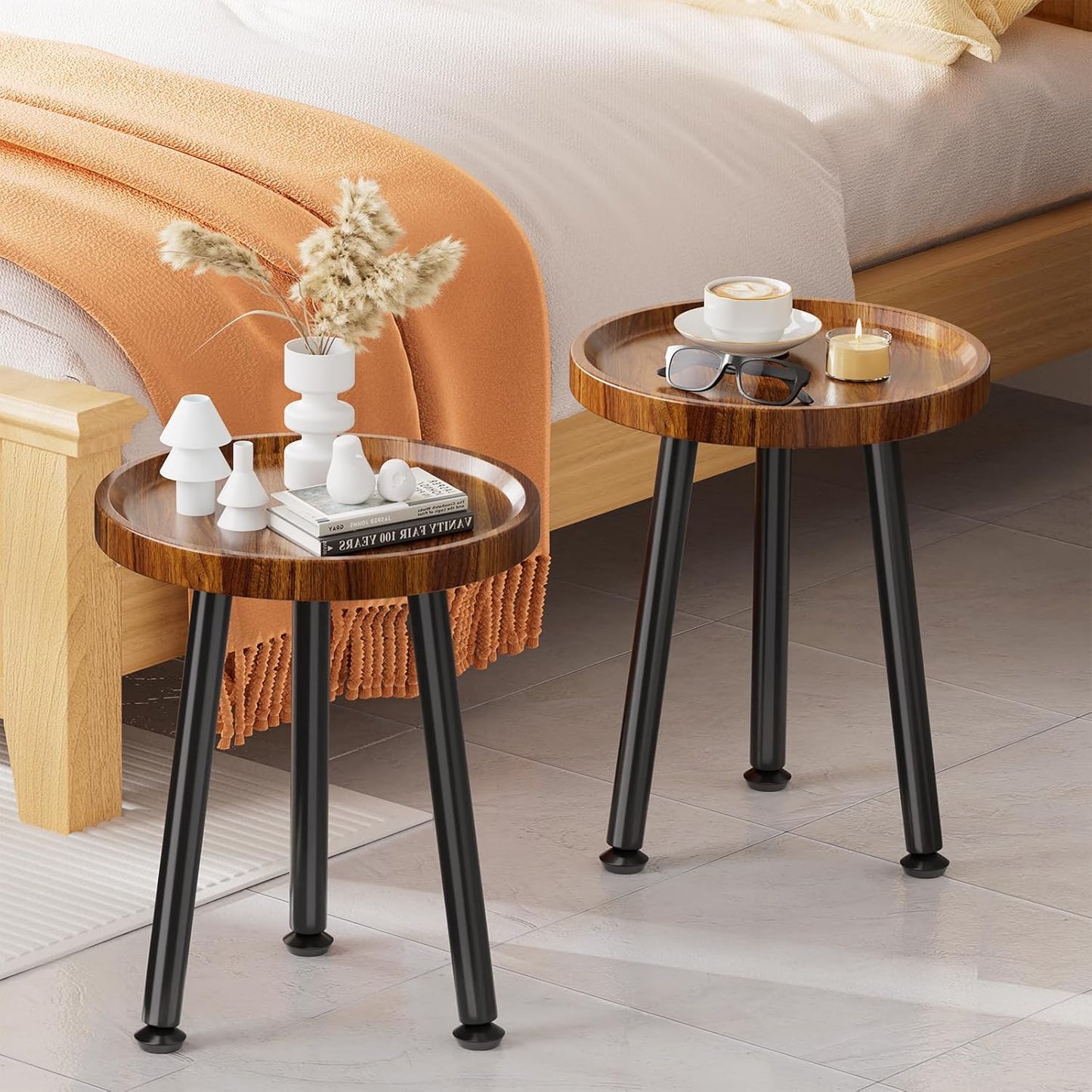 2-Pack (12.5"x18") Ekisemio Plant Stands Outdoor Indoor, Mid Century Side Tables with Walnut Finish & Raised Edge