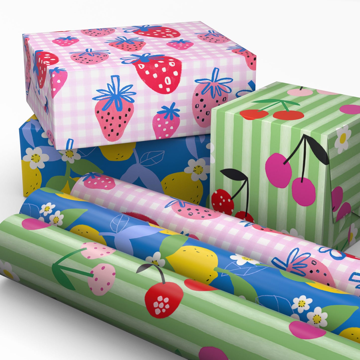 Hallmark Strawberry Scented Wrapping Paper Mini Rolls, 3-Pack (Strawberries, Lemons, Cherries) for Birthdays, Easter, Mother's Day, Bridal Showers, Any Occasion - 45 Sq. Ft. Total