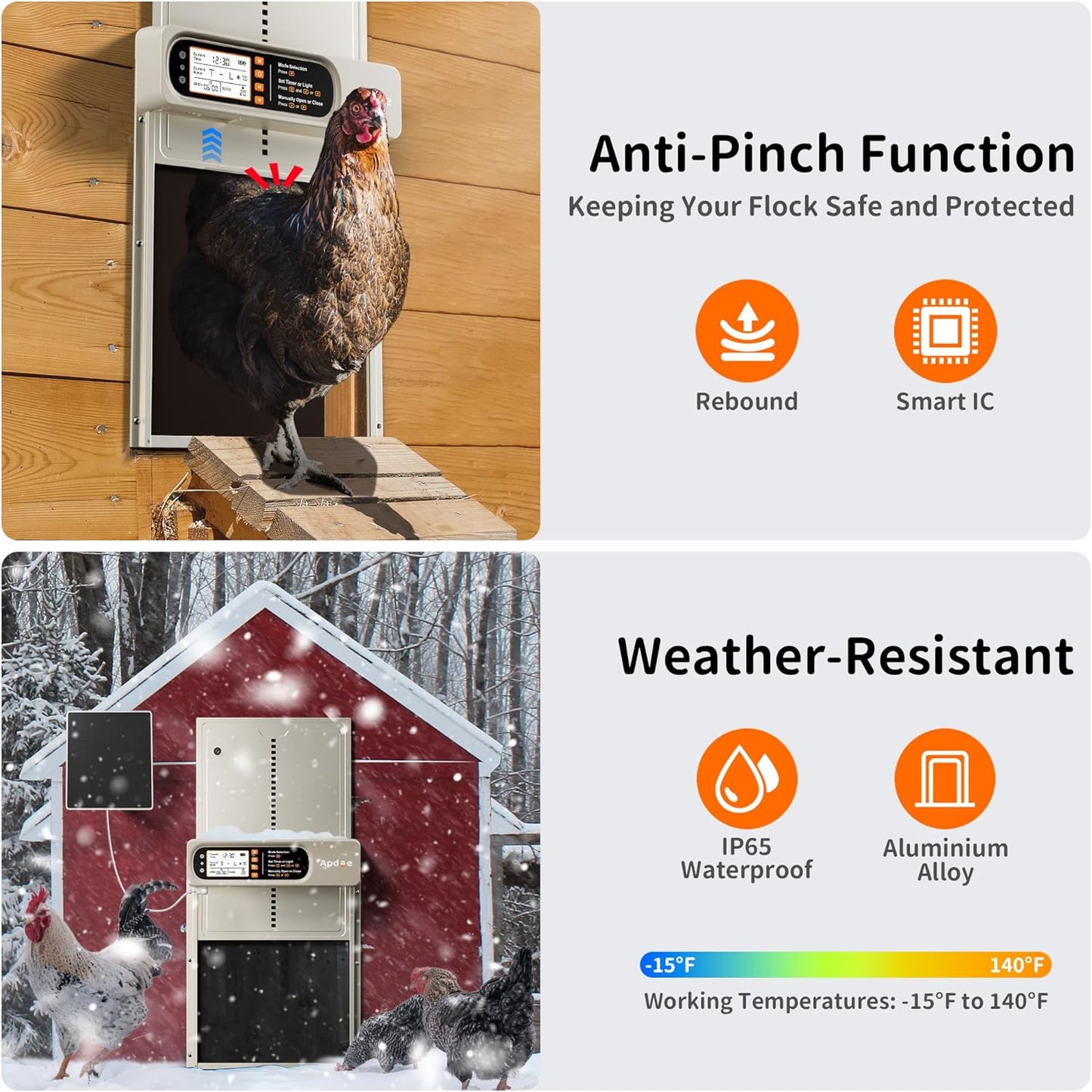 Anti-Pinch, 4 Automatic Chicken Coop Door Solar Powered with Timer, Light Sensor, Remote Control, Waterproof, Aluminum