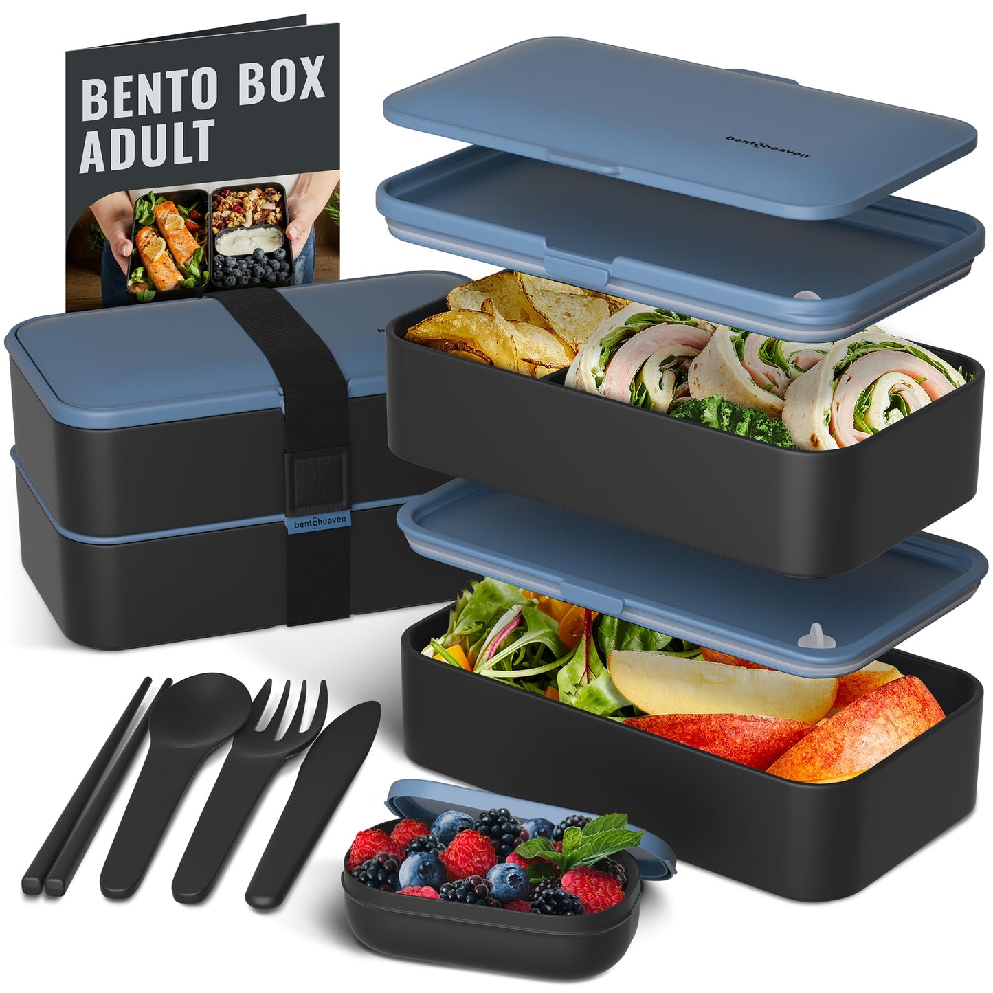 Bentoheaven Premium Bento Box Adult Lunch Box with Compartments for Women & Men, Set of Utensil & Chopsticks & Dip Container, Cute Japanese Kids Bento Lunch Box, Microwavable (Steel My Heart)