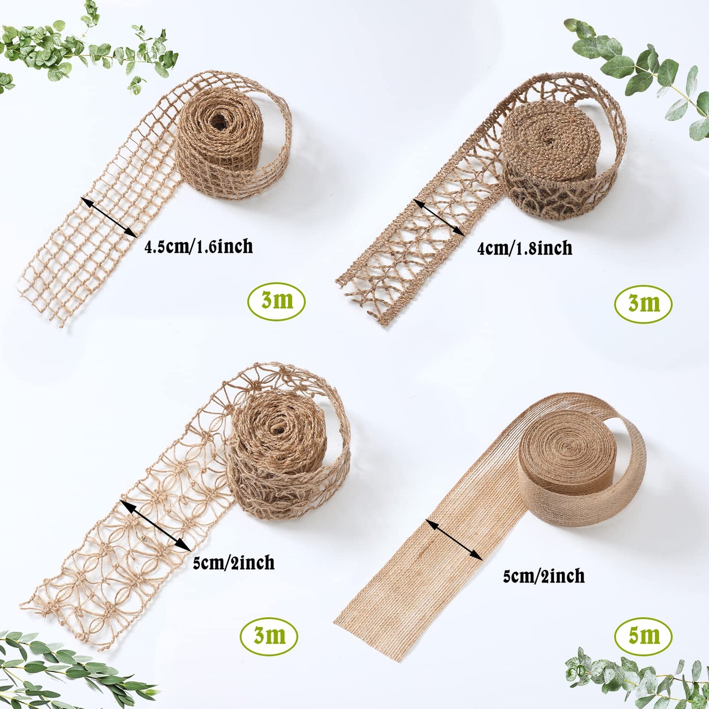 4 Rolls Burlap Ribbon Wired Natural Jute Burlap Lace 1.6-2 Inch x 16.4 Yard Wrapping Ribbon for Crafts, Big Bows, Wedding Gift Wrapping, Rustic Outdoor Decoration, Wreath, Holiday Party DIY Home Decor