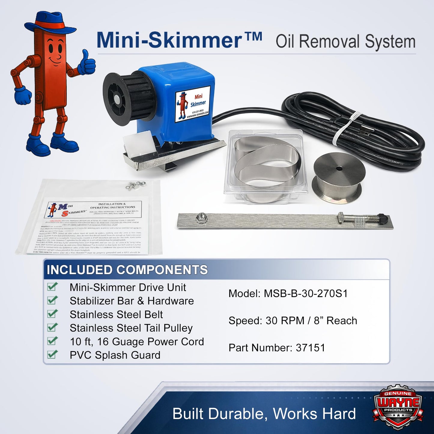 Mini-Skimmer Stainless Steel Belt Oil Skimmer MSB-B, 1 GPH Oil Removal, for Coolant Tanks, Parts Washers, Ultrasonic Cleaners (8" Reach (30 RPM))