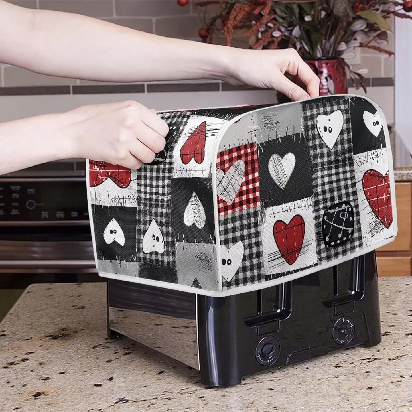 Bulopur Microwave Toaster Cover, Red Black White Love Heart Lattice, Quilted Dust Protection for Standard Toasters
