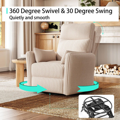 LINSY 360 Swivel Recliner Chair, Nursery Glider Rocking Chair with 2 Pillows, Corduroy Nursing Chair Comfy High Back Adult Rocker Recliner for Small Spaces, Nursery Bedroom Living Room (Beige)