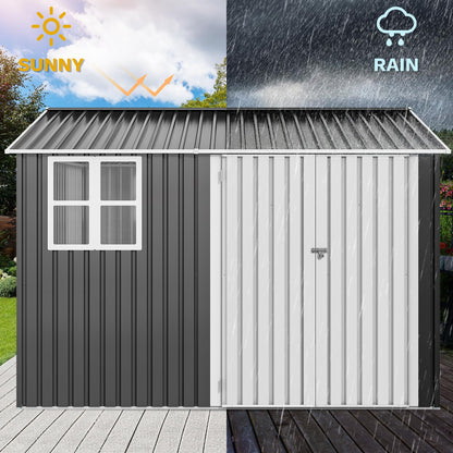 DWVO 10x8ft Large Tool Storage Shed with Window, Lockable Doors, and Sloped Roof, Oversized Steel Outdoor Storage Shed for Garden, Patio, Garage, Backyard, Lawn - Gray & White