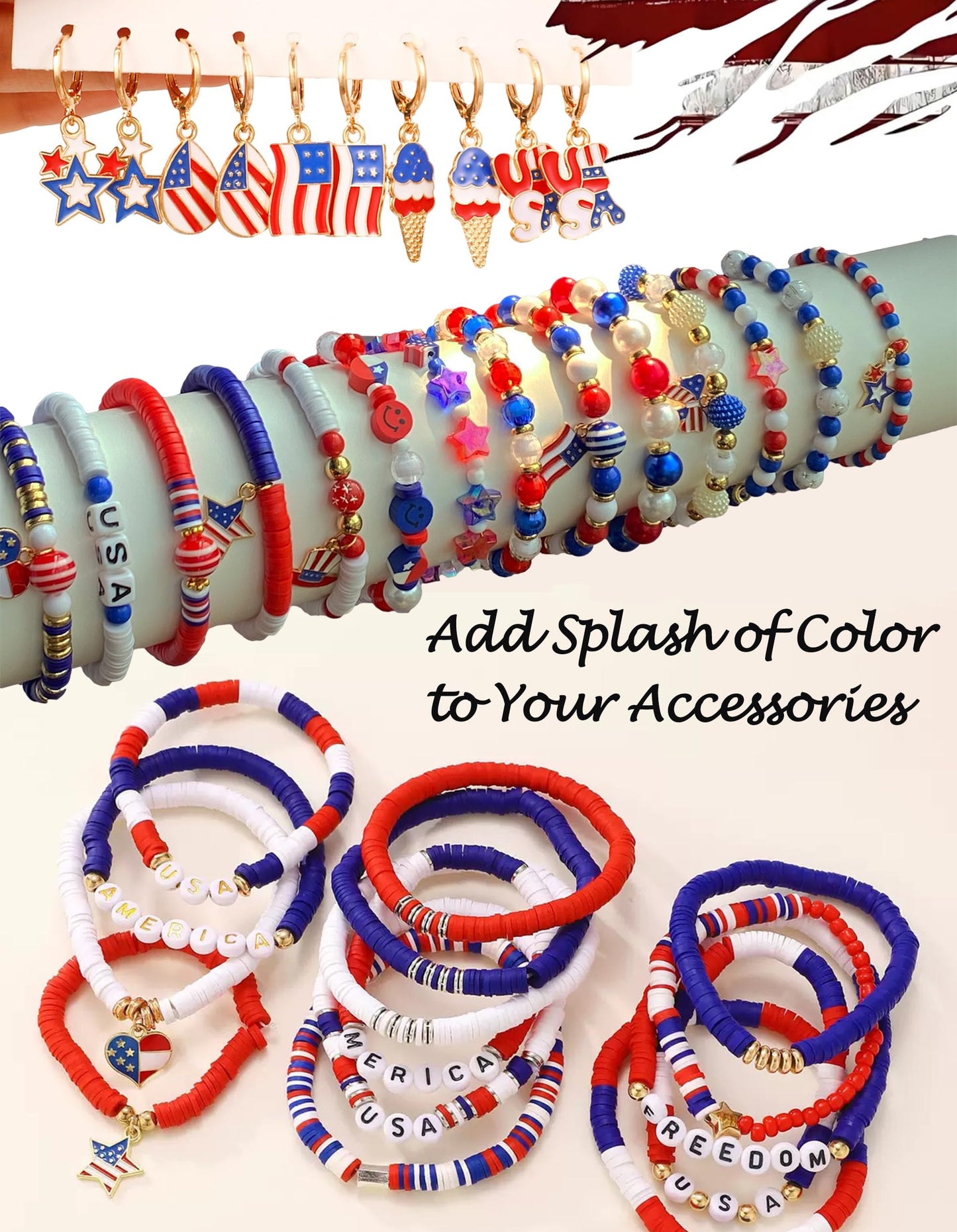 1461Pcs Red White Blue Beads for Bracelet Making Kit 4th of July Patriotic Beads for Jewelry Making Independence Day Clay Stars Acrylic Pearl Letter Bead with America Flag Heart Hat Pendant Charms