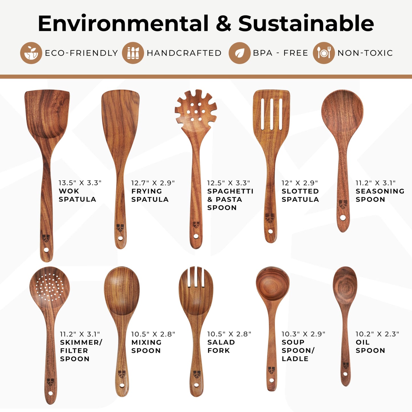 Wooden Spoons for Cooking – 10 Pcs Teak Wood Utensil Set, Durable, Nonstick Safe & Heat Resistant with Ergonomic Handles