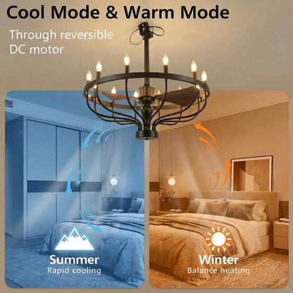 Fiqevs 32-inch Farmhouse Chandelier Fan with Remote Control, DC Motor, 12 LED Lights, Reversible Quiet Operation, Industrial Black Wagon Wheel Rustic Ceiling Fan for Bedroom and Living Room