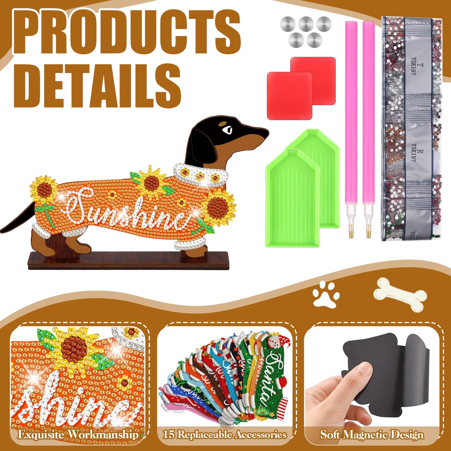 Briwooody 17 Pcs Interchangeable Seasonal Diamond Art Set for Adults Wooden Dachshund Diamond Painting Calendar 2026 Centrepieces for Holiday Spring 4th of July Summer Table Decor Accessories