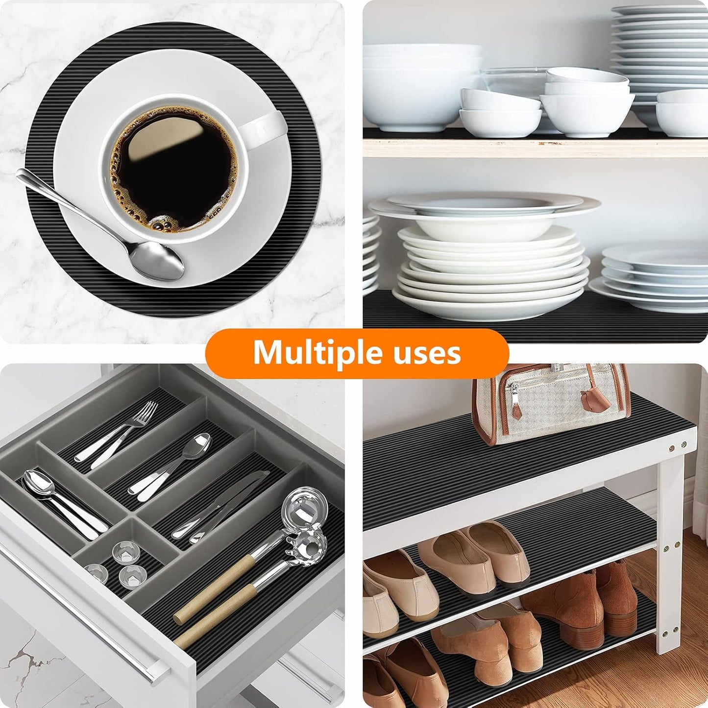 Black Shelf Liners for Kitchen Cabinets - Non-Adhesive Waterproof Washable Drawer Mat Liner for Bathroom and Pantry
