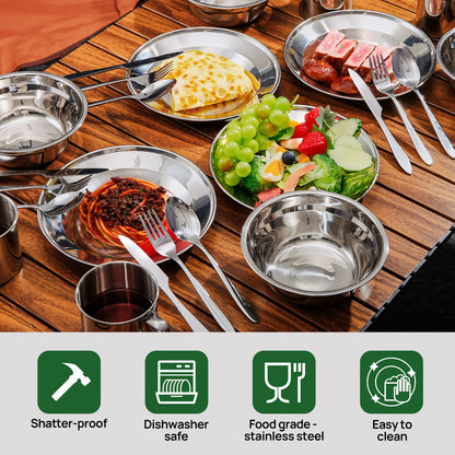 Odoland 29pcs Stainless Steel Utensils Camping Mess Kits with Bowls Plates Cups Forks Spoons and Knives for 4, Camping Cutlery Set for Backpacking, Outdoor Hiking and Picnic