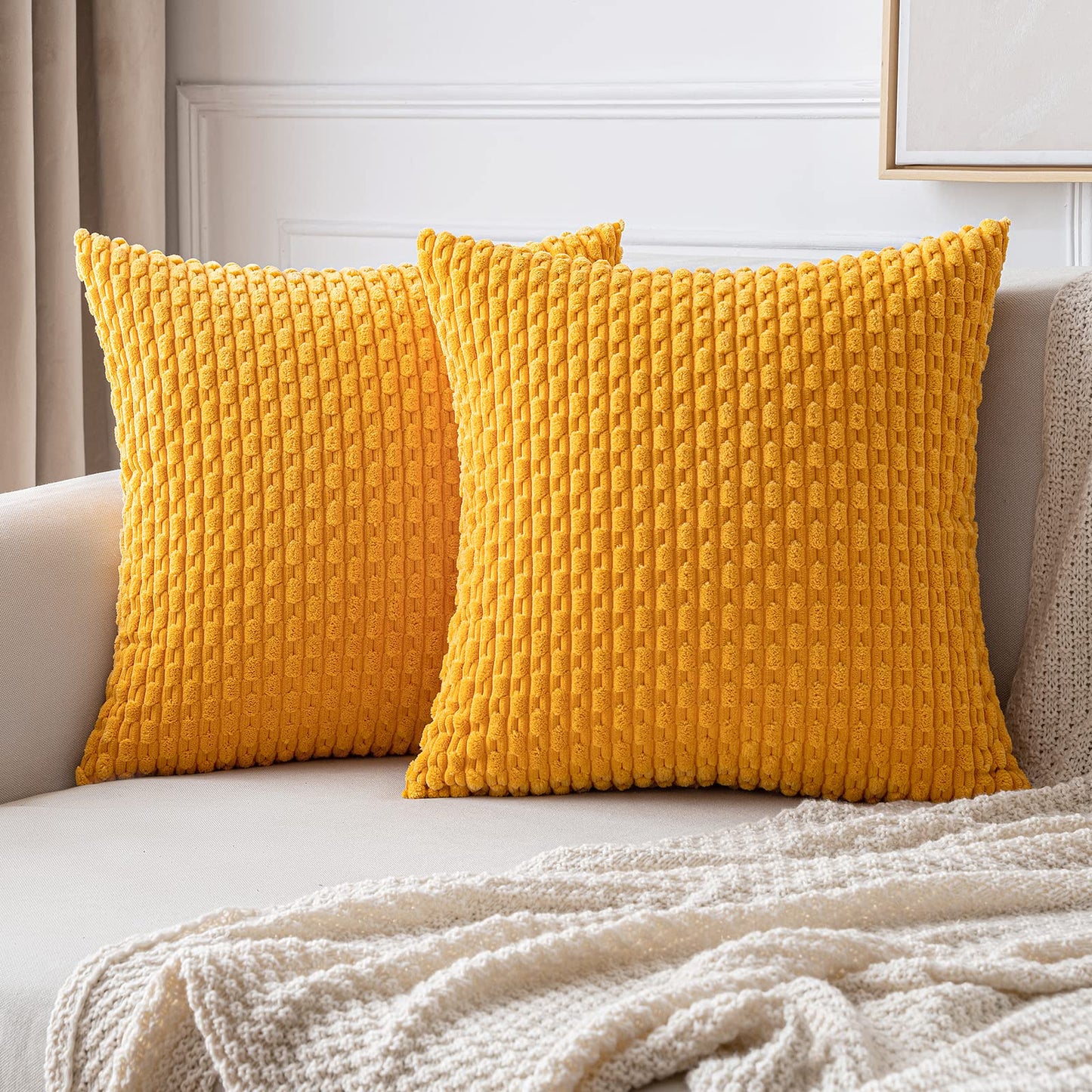 MIULEE Pack of 2 Decorative Throw Pillow Covers 18x18 Inch Soft Boho Striped Textured Corduroy Pillow Covers Modern Farmhouse Home Decor for Couch Bed Sofa Living Room Cream White
