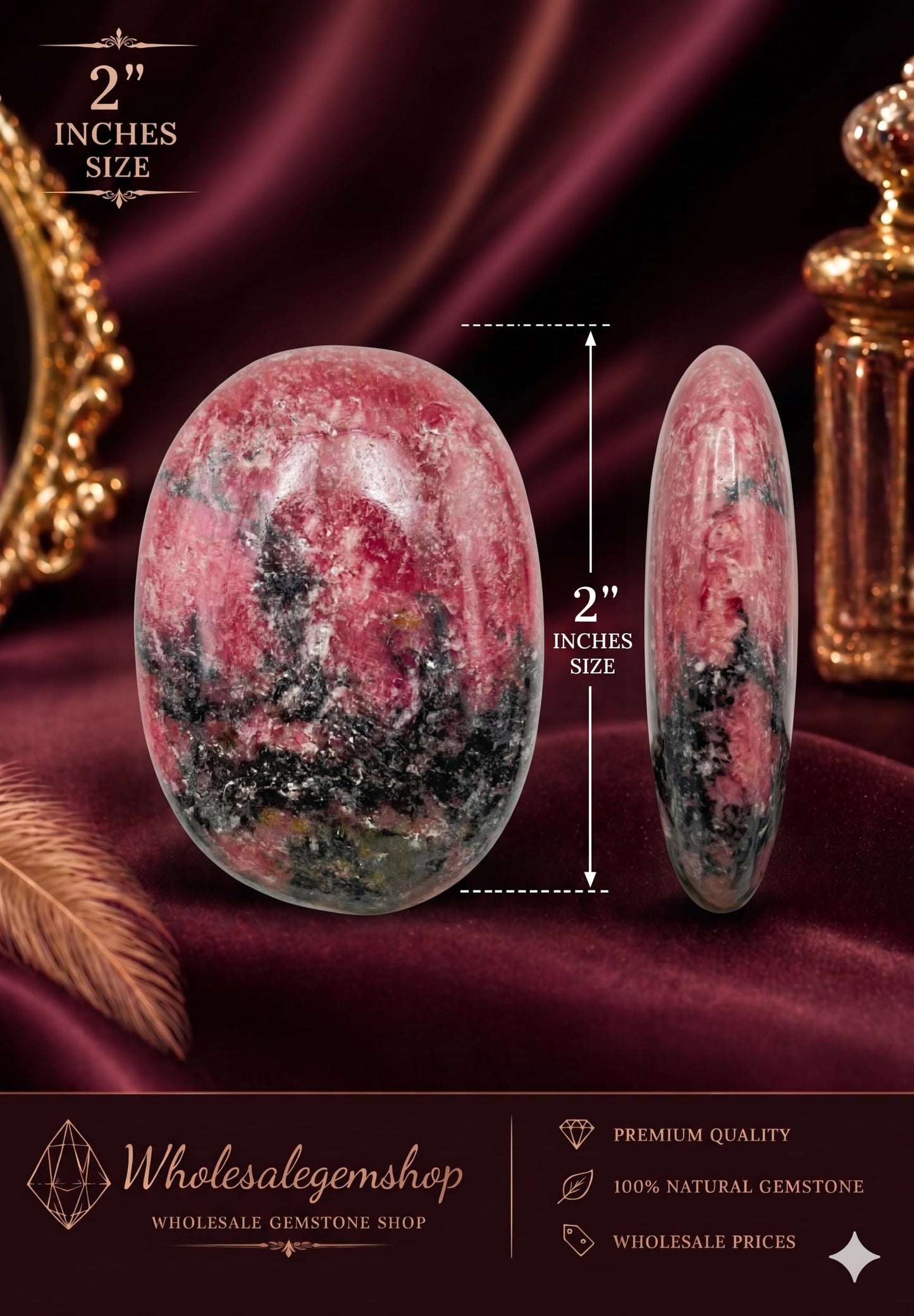 Wholesalegemshop Rhodonite Gemstone Carved Palm Stone/Pocket Palm Stone/Reiki Healing & Crystal Grid for Natural Body Chakra Balancing - Large Palm Stone Crystals