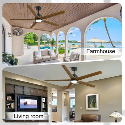 60 Inch Ceiling Fan with Lights, Outdoor Wood Silent Ceiling Fans, Modern High CFM Farmhouse Ceiling Fans, Quiet Reversible DC Motor, 5 Blades 6 Speed for Bedroom Living Room Exterior Patios