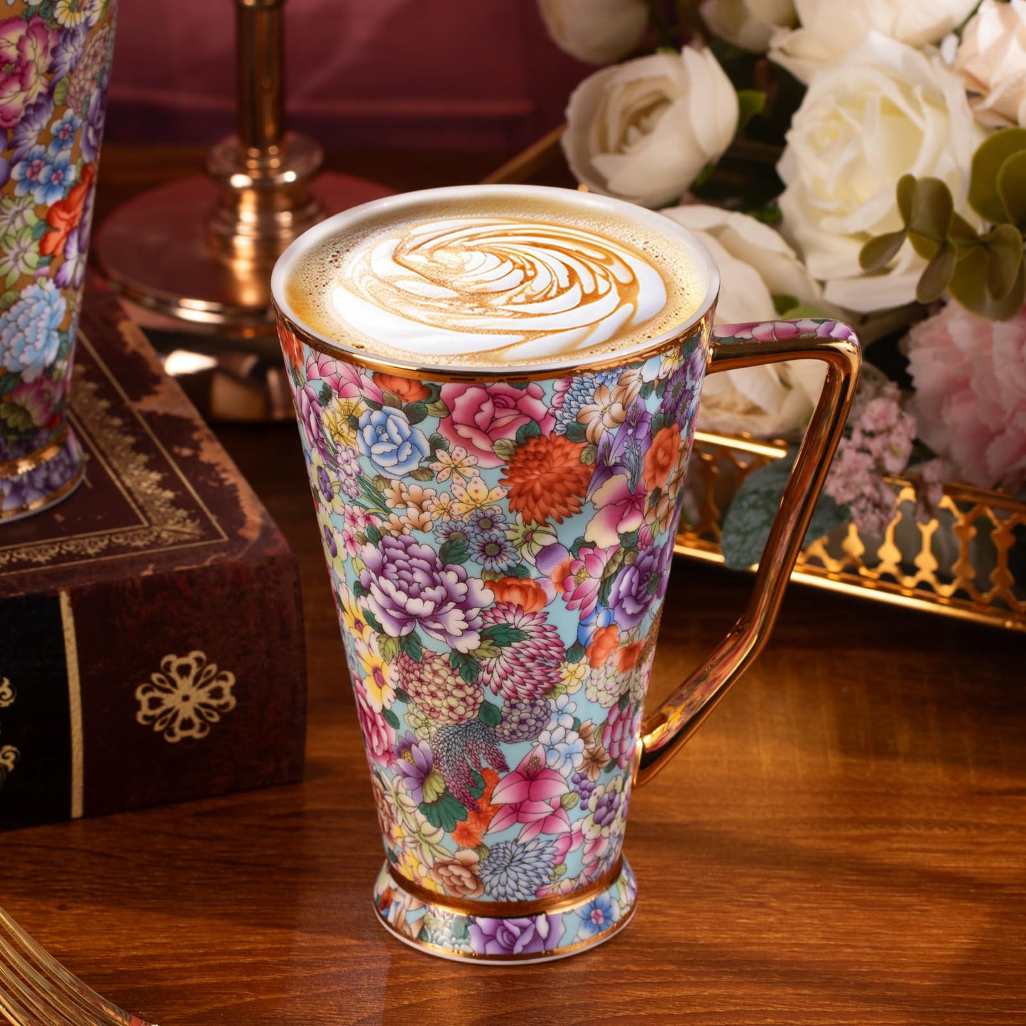 KAMMAK Ceramic Coffee Mugs 20 oz Tall Porcelain Coffee Cups Set of 2 Large Novelty Mugs with Handle Vintage Tea Cups Cappuccino Mug for Latte, Americano, Breakfast Cereal, Hot Cocoa, Drinks