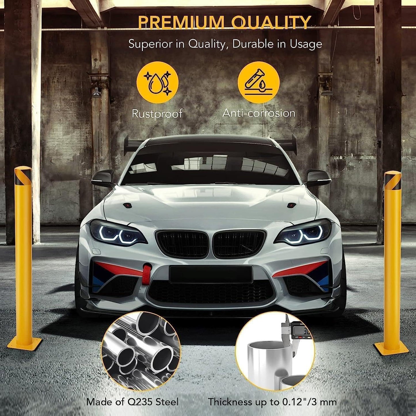 6-Pack 36 Inch Steel Safety Bollards, 4.5 Inch Diameter Parking Bollard Post with 24 Anchor Bolts, Yellow Safety Steel Bollard Post for Driveway Barrier, Traffic Control & Storefront Protection