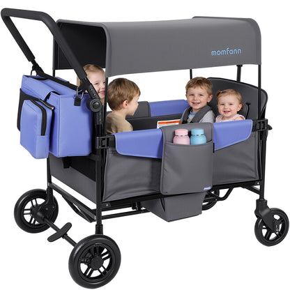 MOMFANN Wagon Stroller for 4 Kids, All-Terrain 4-Seater Folding Wagon with 5-Point Harness, Adjustable Push-Pull Handle, Removable Canopy, Oversized Storage Organizer, Compact Fold - Grey