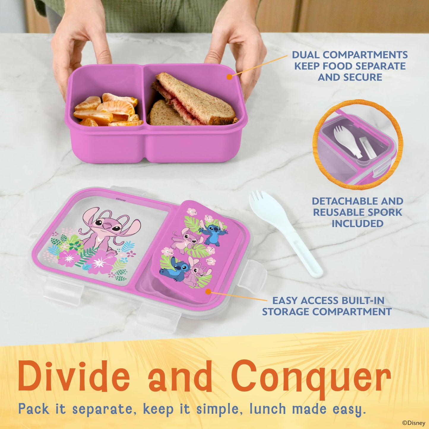 Best Brands Disney Bento Box– Leak-Proof Kids Lunch Box with Divided Compartments & Detachable Spork - Mickey & Minnie, Stitch, & Winnie the Pooh BPA Free Bento Box