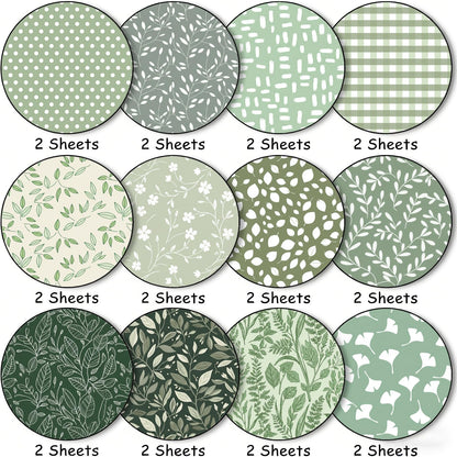 LENSARKU 24 Sheets 11.8 x 11.8 Inch Sage Green Botanical Scrapbook Paper, 160gsm Double Sided Decorative Paper for Junk Journals, Wrapping & Mixed Media, DIY Card Making, Photo Album, Journal Decor