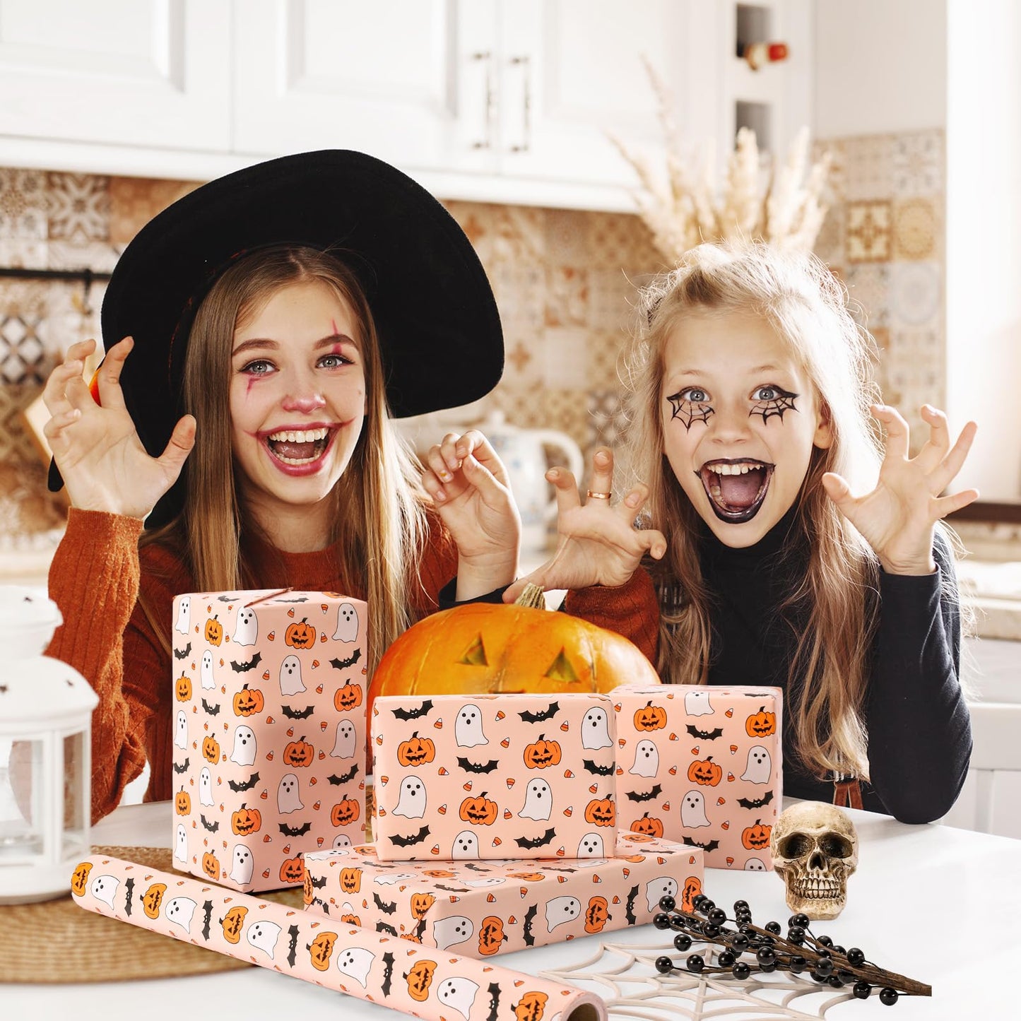 Whaline Halloween Wrapping Paper - Mini Roll - 17 In x 32.8 Ft Cute Pumpkin Ghost Bats Gift Wrap Paper Boho Orange DIY Art Crafts Packing Supplies for Halloween Birthday Baby Shower Holiday Party