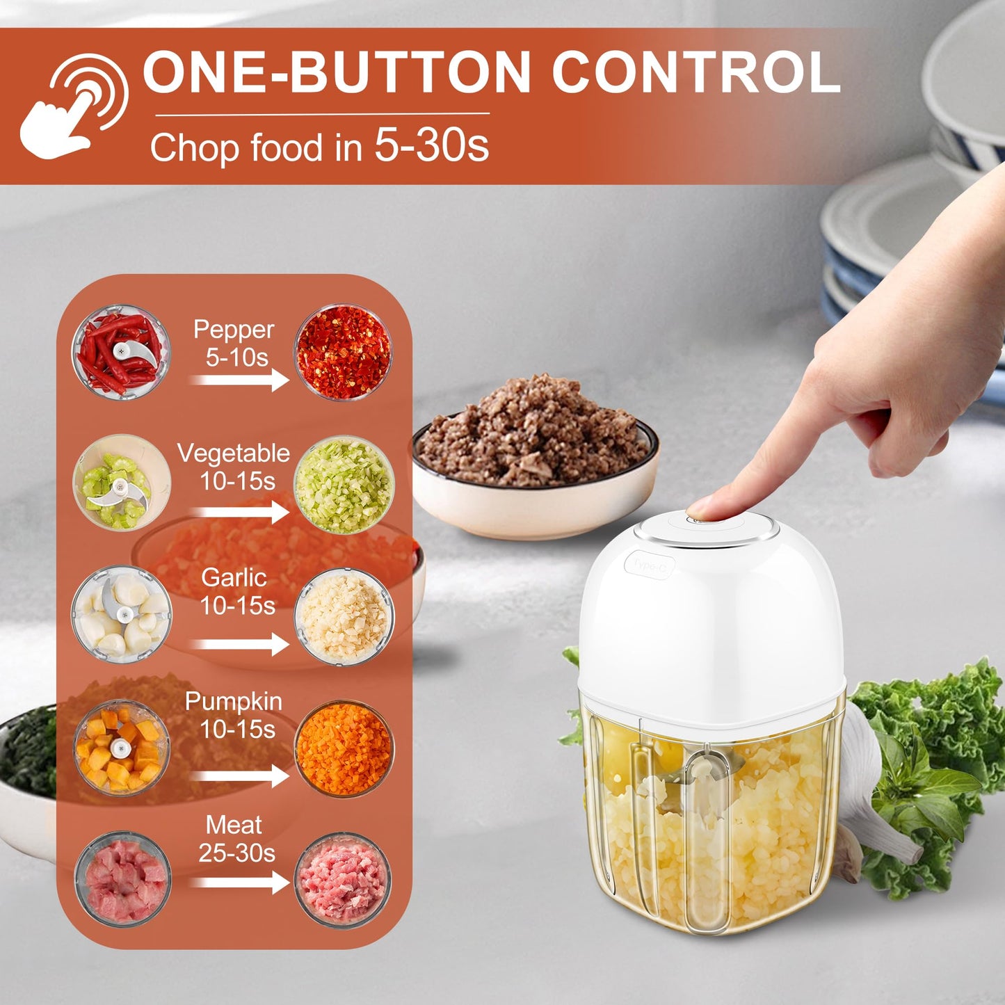 450ML (1.8 Cup) Electric Garlic Chopper, Mini Portable Food Processor, Garlic Grinder Masher for Onion, Ginger, Chili, Fruit, Vegetable, Meat