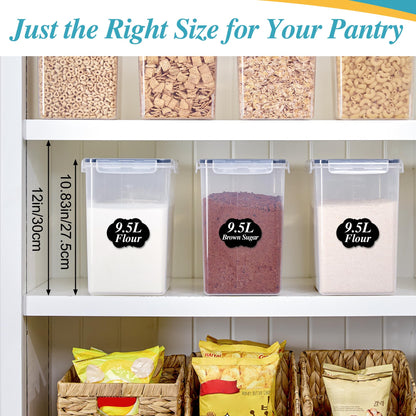 Vtopmart 9.5L 2 Pack Extra Large Flour Sugar Storage Containers, Each for 12.5 lbs flour, Airtight Kitchen Pantry Organization Canisters with Lids for Bulk food, Rice, Baking Supplies, BPA Free, Black