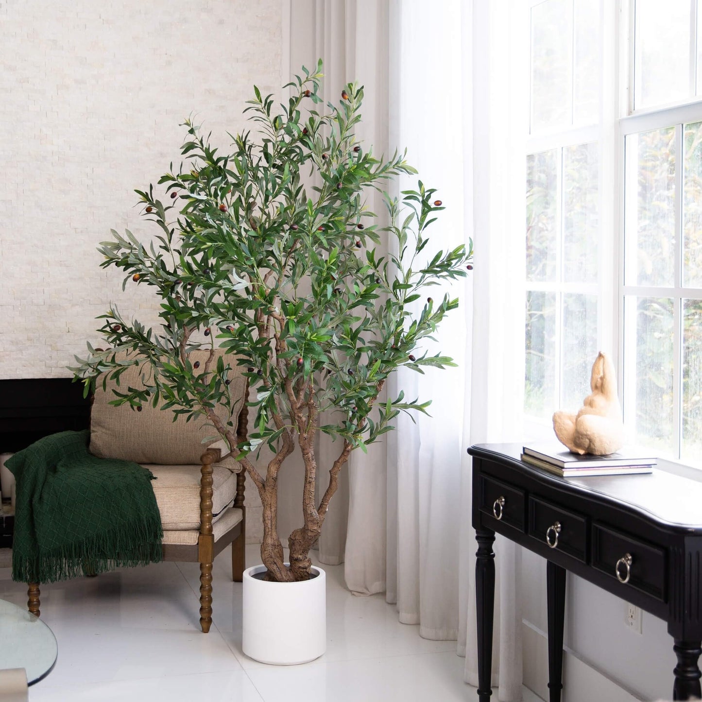 Nearly Natural 6ft. Artificial Grand Olive Tree in White Decorative Planter
