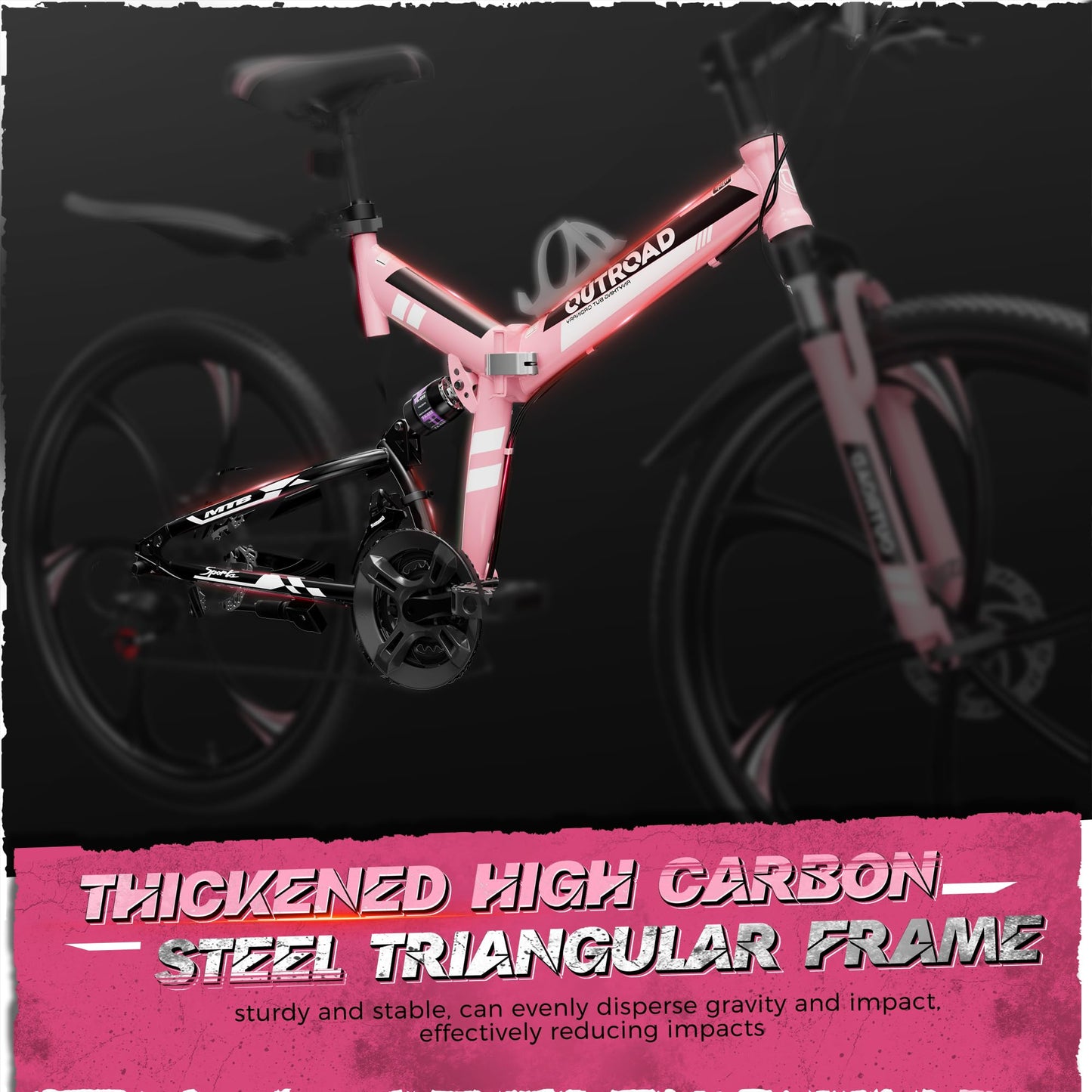 Outroad 26 Inch Folding Mountain Bike for Adults/Men/Women, 21 Speed Full Suspension High-Carbon Steel MTB Foldable Bicycle, Dual Disc Brake Non-Slip Folding Bikes, Pink