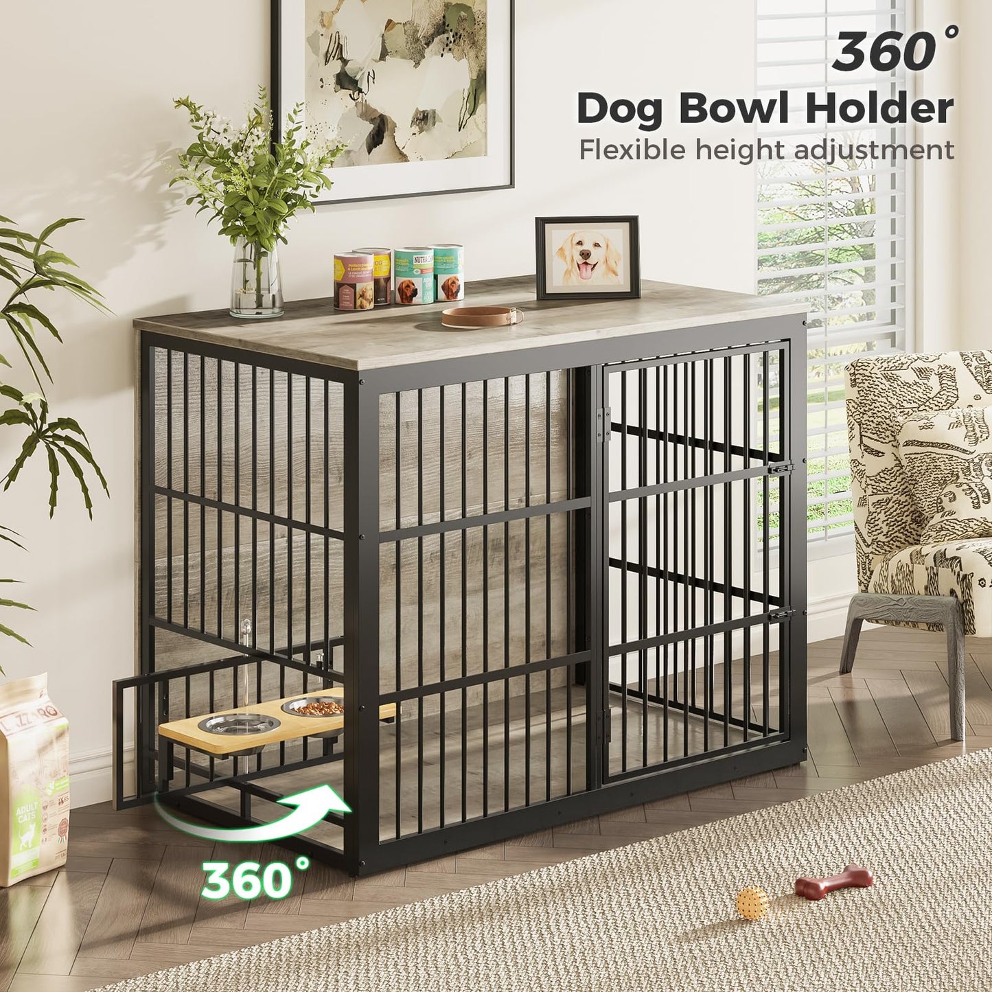 Lyromix 48'' XXL Dog Crate Furniture with Rotating Feeder, Large Wooden Crate End Table, Heavy Duty Indoor Kennel Cage for Medium to Large Dogs, Grey