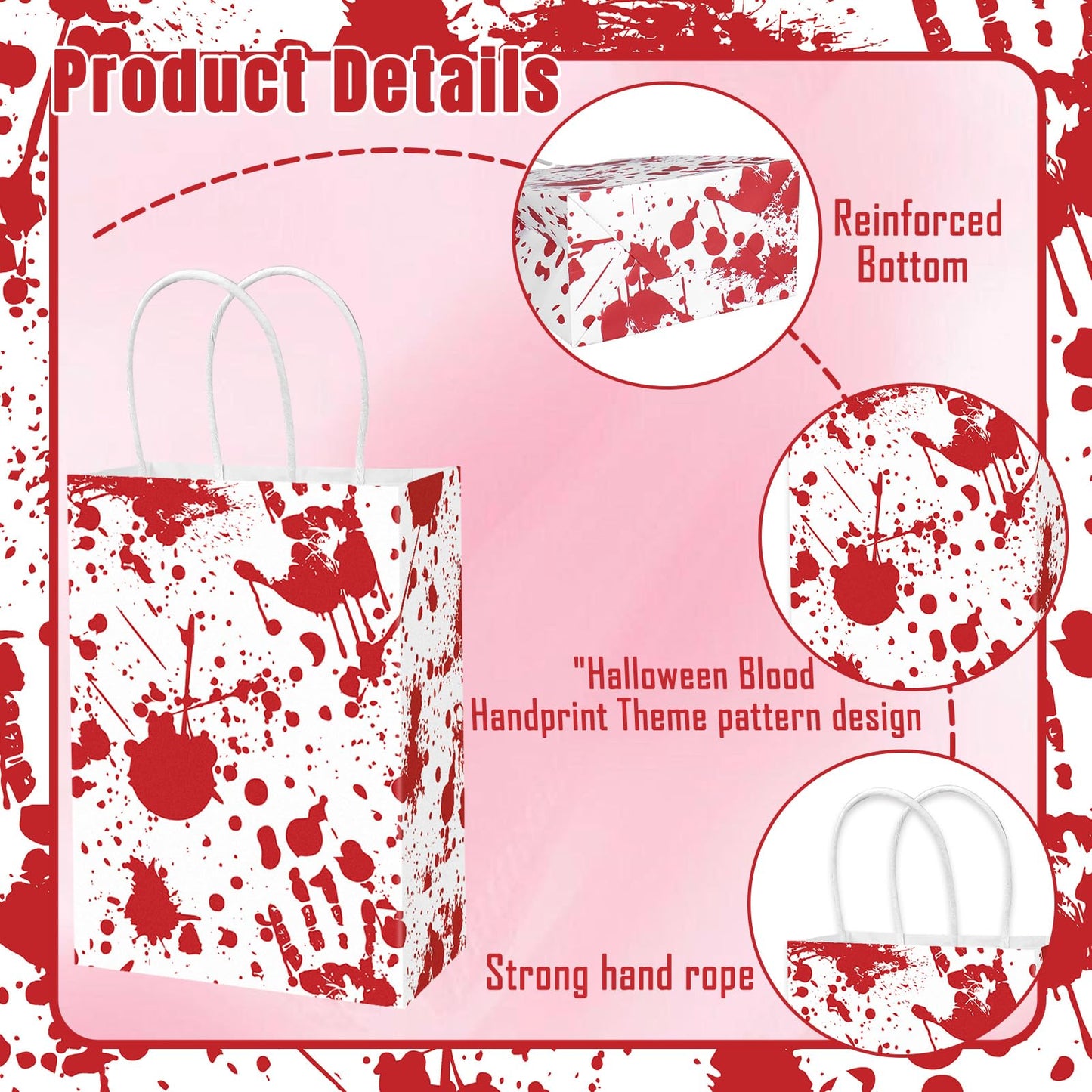 JarThenaAMCS 24 Pcs Halloween Paper Gift Bags with Handles and Tissue Paper Red Bloody Handprint Party Favor Bags for Gift Candy Goodie Snacks Trick or Treat Wrap Party Favors Supplies Decorations