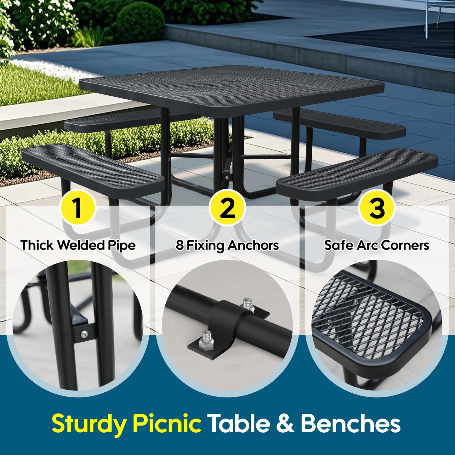 Sunnibety 8-Person Picnic Tables for Outdoors, Industrial 46" Expanded Metal Square Picnic Table with 4 Benches & Umbrella Hole, Outside Table and Bench Set for Garden, Backyard, Porch, Patio, Black
