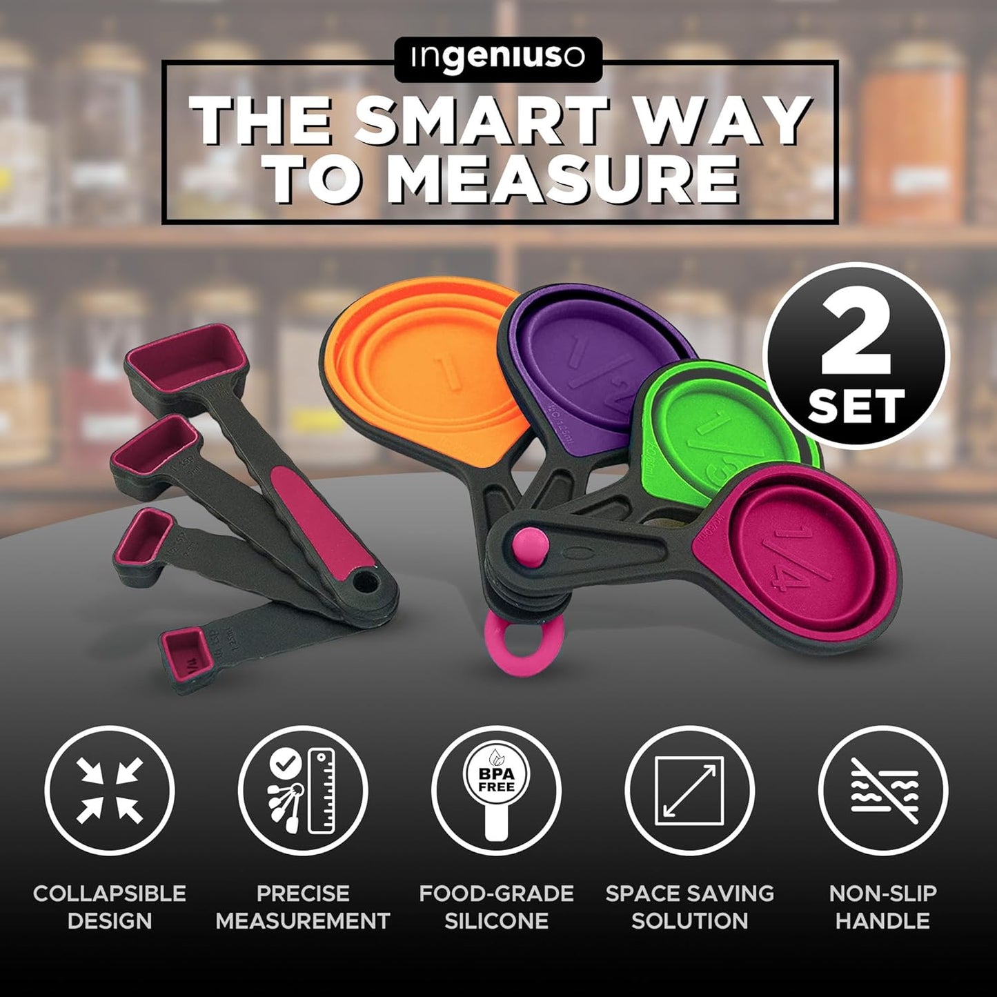 Collapsible Measuring Cups and Nesting Spoons, Adjustable Silicone for Cooking, Space-Saving - 2 Sets