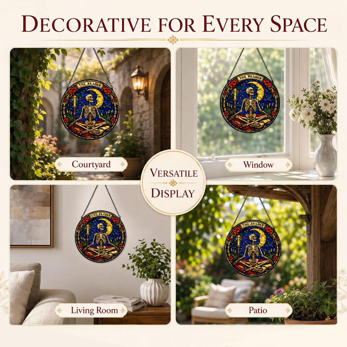 365RUSTIC The Reader Skeleton Suncatcher Stained Glass Window Hanging Gothic Tarot Wall Art Skull Gifts for Adults, Dark Humor Horror Book Lover Gift Moon Skeleton Decor Birthday for Women 7.8 in