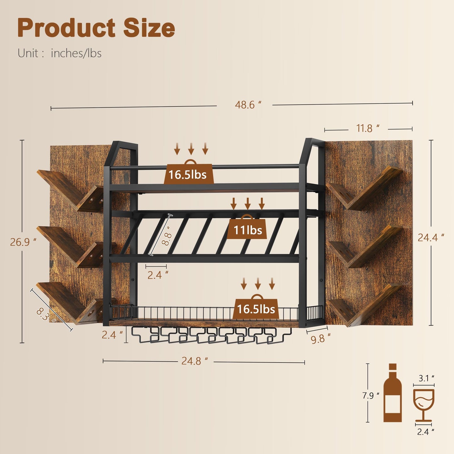 Hoctieon Wall Mounted Wine Rack, 3 Tier Hanging Wine Racks with Glass Holder, Large Capacity Bar Shelves, Metal Wood Bottle Display Storage for Kitchen, Home Bar, Dining Room, Rustic Brown