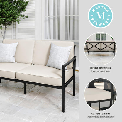 Martha Stewart Lily Pond All-Weather Patio Loveseat with Elevated Backrest Design and Steel Frame in Black with Cream Cushions