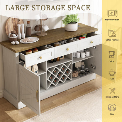 JGOEI 55.12" Kitchen Cabinet Storage, Farmhouse Coffee Bar with Power Outlet, Wood Cabinet with 3 Drawer, Removable Wine Rack for Dining Room, Kitchen, Living Room, White