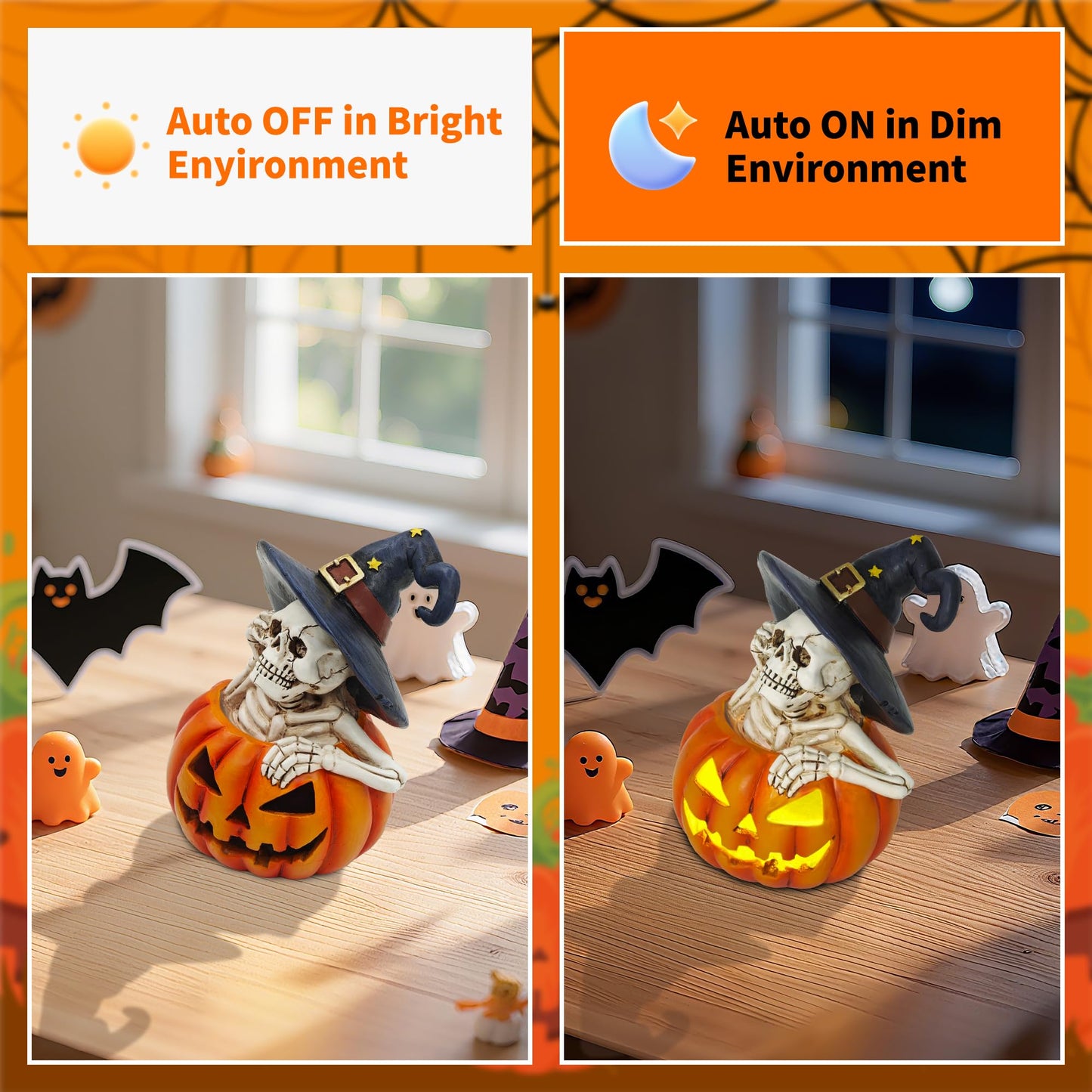 CFFOWNUG Skeleton Halloween Indoor Decoration: 6.1'' Witch Hat Skeleton Ornament with Solar Pumpkin for Home Fireplace Office Party Perfect Figurine Gift for Gothic Lovers