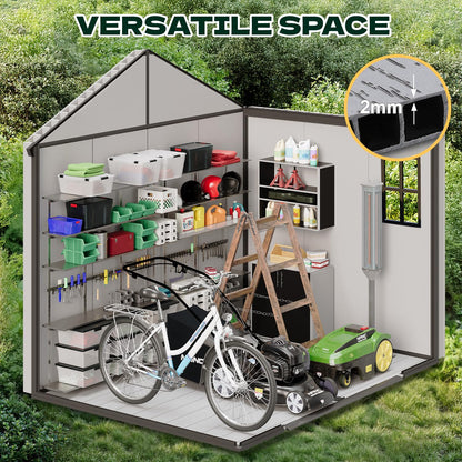 DNYKER 8 x 6 FT Plastic Outdoor Storage Shed, All-Weather Resin Garden Shed with Floor, Lockable Doors & Windows, Plastic Tool Shed for Patio，Poolside, Backyard