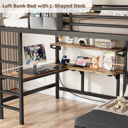 Twin Loft Bed with Matteress, Heavy Duty Metal Bunk Bed Frame with Pull-Out Folding Bed and Desk, Dual-Access Bed, Charging Station, 2-Tier Adjustable Shelves, Safety Guard Rail & Ladder (Dark Black)