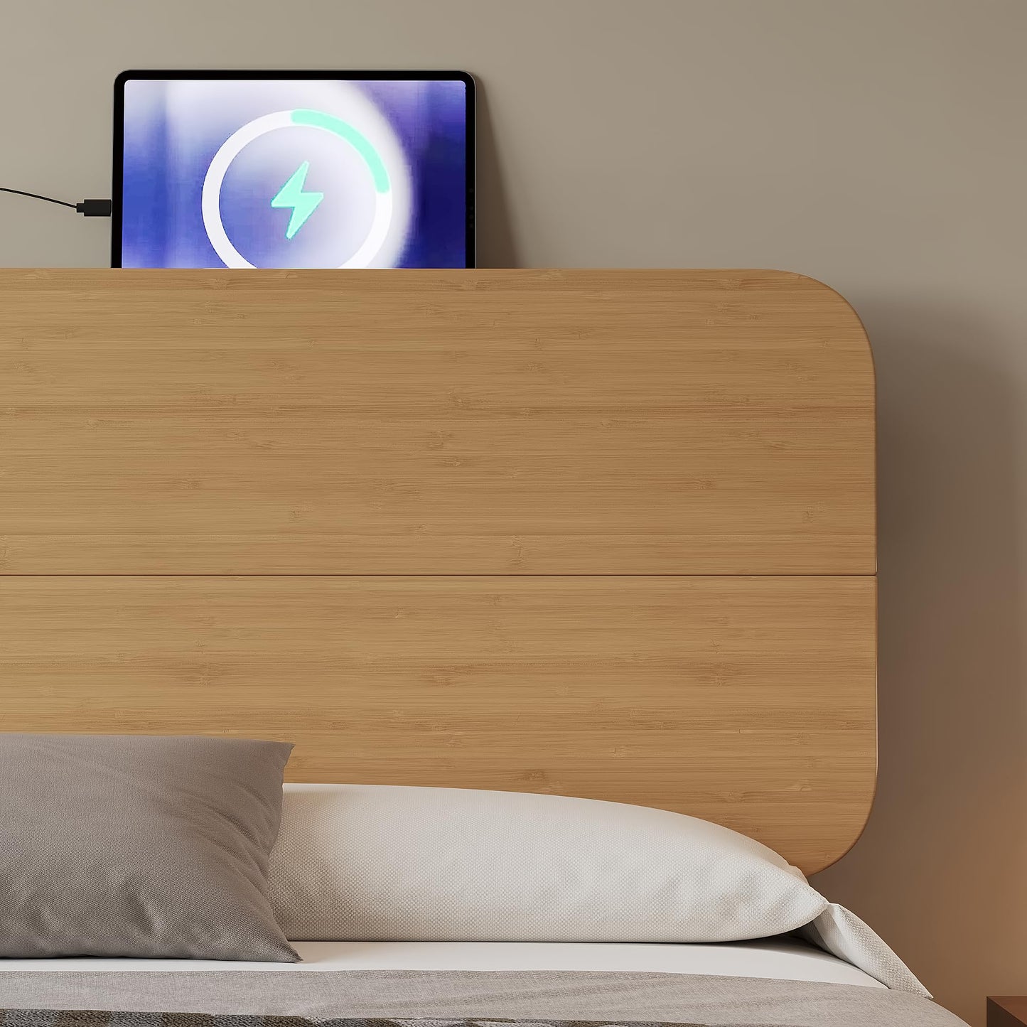 KEIKI King Size Bamboo Platform Bed with Headboard and USB Ports, Mid-Century Modern Floating Bed Frame with Solid Support Slats, No Box Spring Needed, Easy Assembly, Noise Free, for Bedroom, Natural