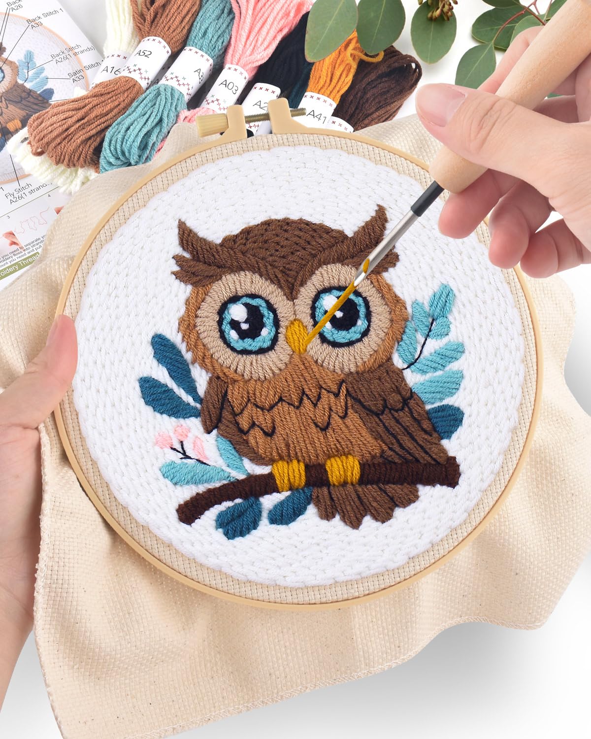 ERKOON Punch Needle Kit for Beginners Adults, DIY Easy Animal Embroidery Set for Starter Art Craft, Needling Punch Project with Patterns, Tools, Yarns, Hoop, Instruction (Owl)