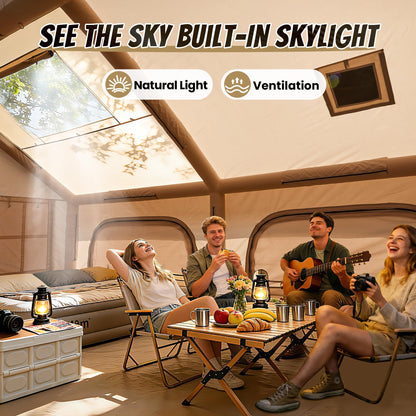 Inflatable Tent with Skylight, Quick Setup Blow Up Tents with Pump, Waterproof Oxford Inflatable House for Camping, Hot Tent with Stove Jack, Air Glamping Tents for Camping Adult 10-12 Person