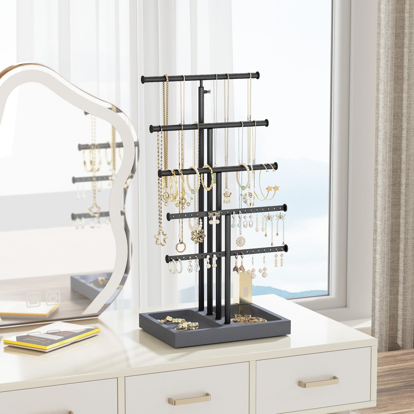 Love-KANKEI Jewelry Organizer Stand, 5 Tier Large Necklace Holder with Wood Base, Jewelry holder stand Tree for Display, Bracelets Earrings Rings, Height Adjustable Gift Weathered Grey