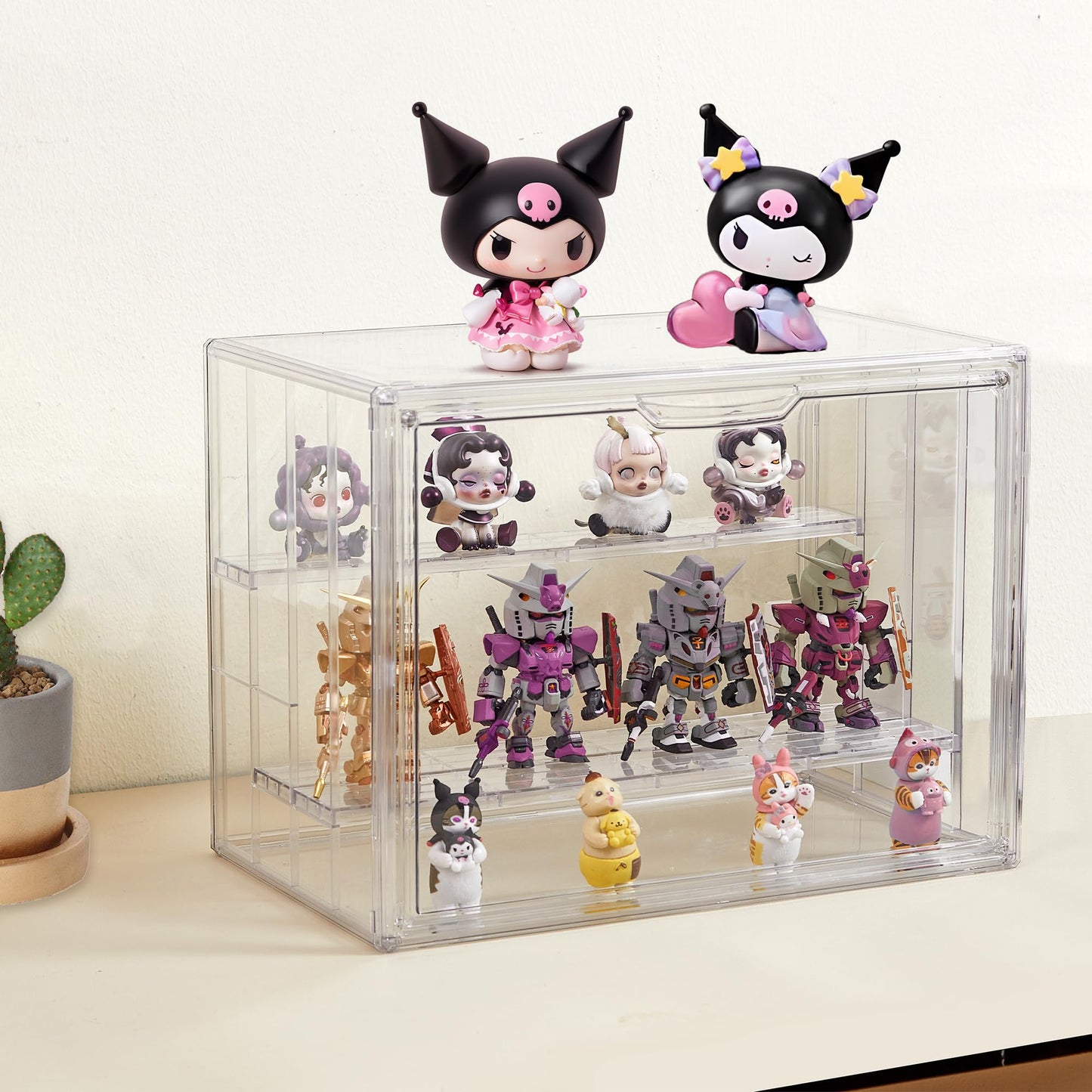 Clear Acrylic Display Case Upgrade 4 Tier Figure Display Cases with 3 Movable Dividers, Stackable Display Box Showcase with Magnetic Door for Collectibles (Large-1pack)